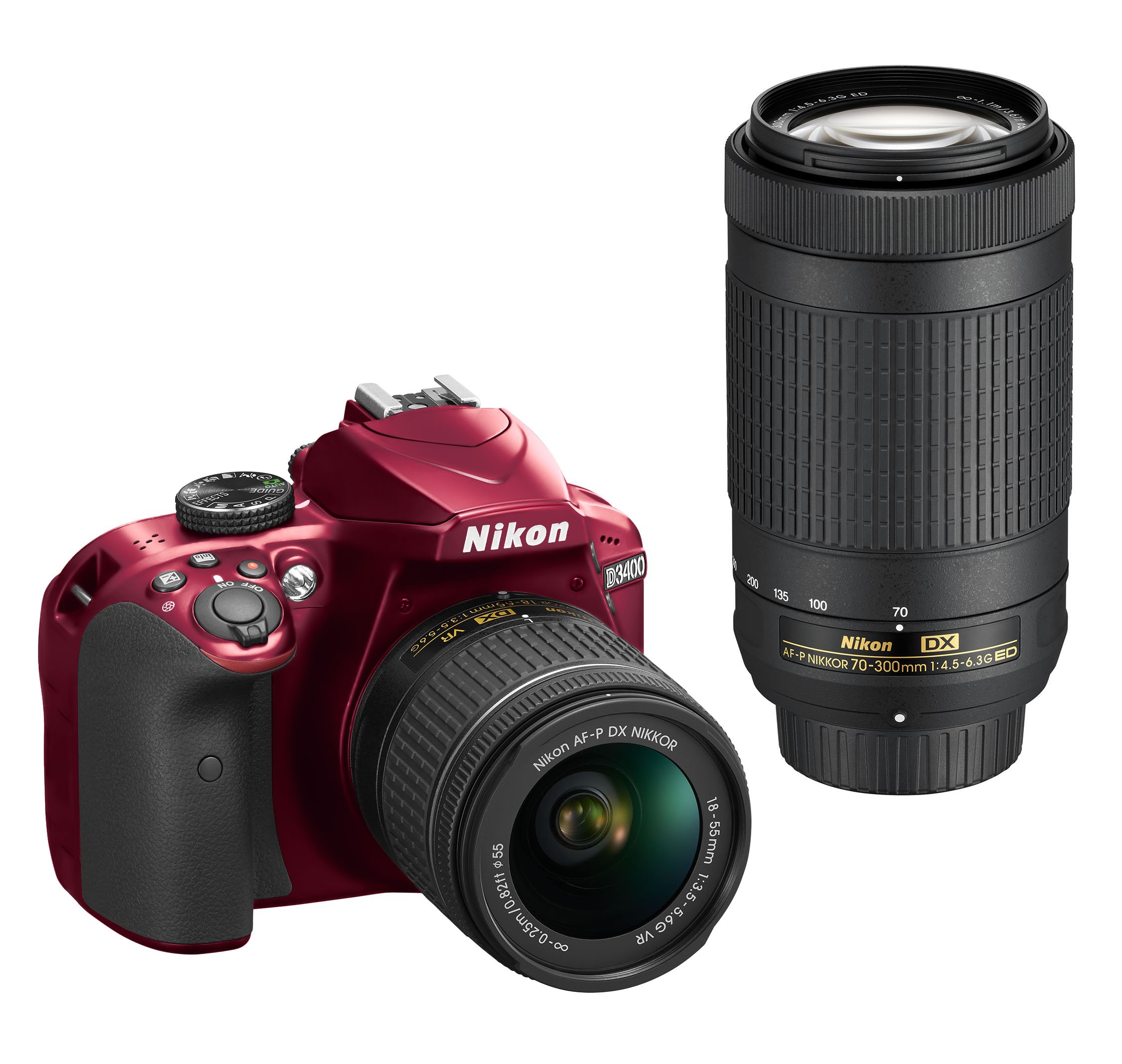 Máy ảnh Nikon D3400 w/ AF-P DX NIKKOR 18-55mm f/3.5-5.6G VR & AF-P DX NIKKOR 70-300mm f/4.5-6.3G ED (Red)