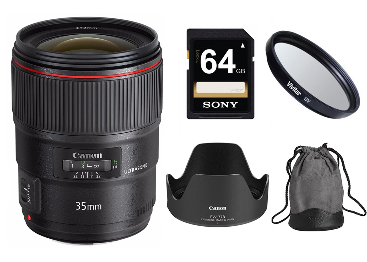 Canon EF 35mm f/1.4L II USM Camera Lens with UltraViolet UV 72mm Filter & Sony 64GB SDXC Memory Card with Lens Accessory Bundle