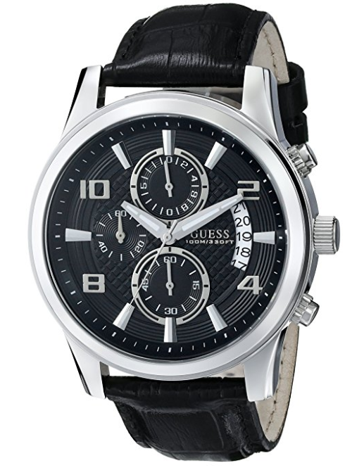Đồng hồ GUESS Men's U0076G1 Black Classic Crocodile-Grained Leather Strap Chronograph Watch