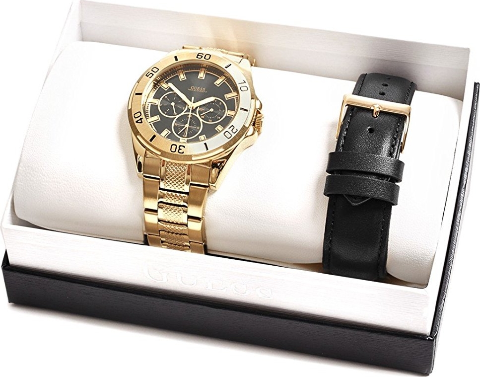 Đồng hồ GUESS Mens U10514g2 Gold Tone Multifunction Watch Set Black Leather Band