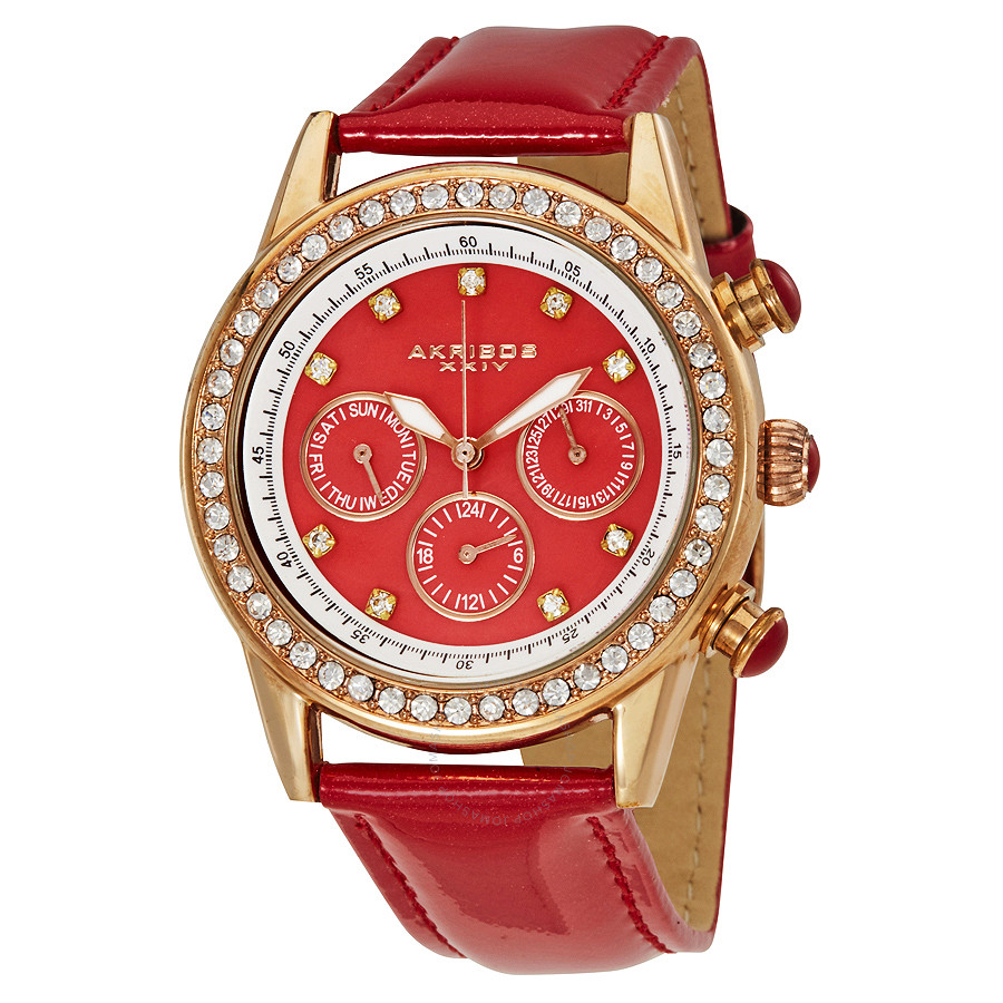 Akribos XXIV Akribos GMT Multi-Function Red Mother of Pearl Patent Leather Ladies Watch AK556RD AK556RD
