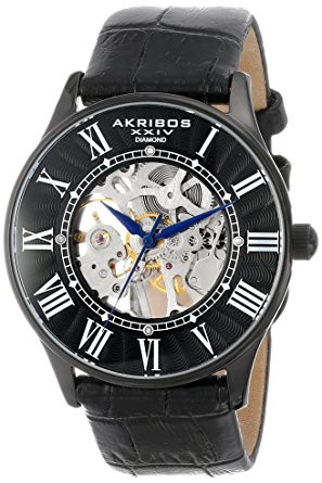 Akribos XXIV Black Skeleton Dial Men's Leather Watch AK499BK
