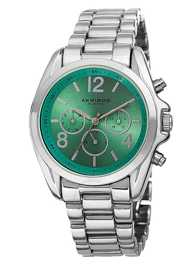 Akribos XXIV Green Dial Silver-Tone Multi-Function Ladies Watch AK760SSTQ