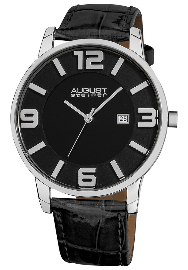 August Steiner Black Dial Silver-tone Black Leather Men's Watch AS8055BK