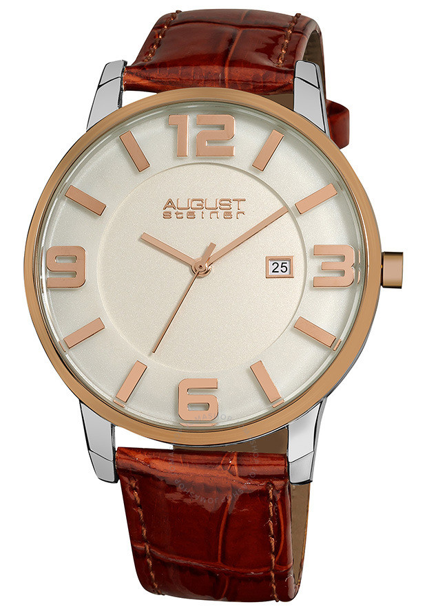 August Steiner White Dial Rose Gold-Tone Metal Brown Leather Men's Watch AS8055BR