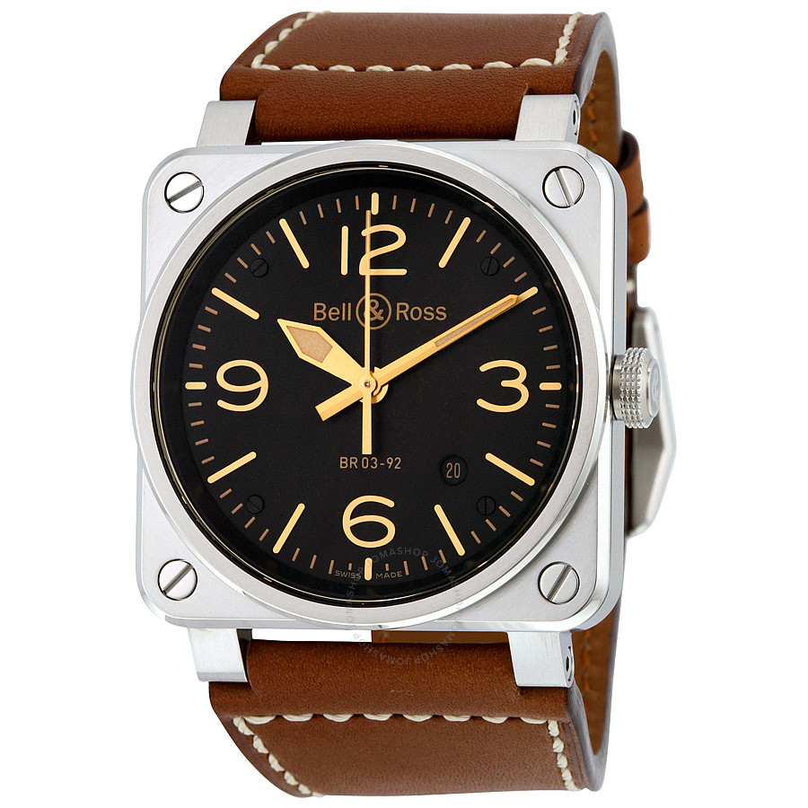 Bell and Ross Aviation Gold Heritage Black Dial Leather Men's Watch BR0392-ST-G-HE/SCA