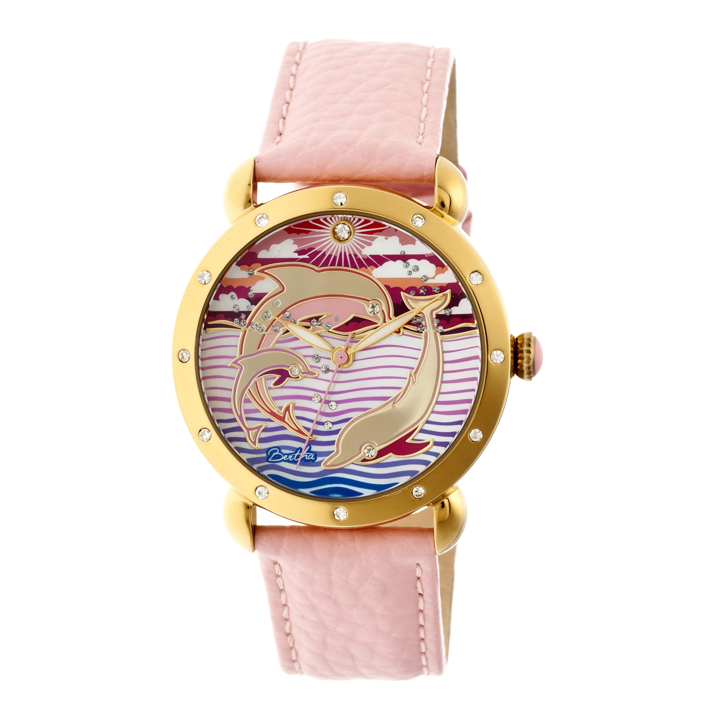 Bertha Estella Mother of Pearl Dolphin Dial Pink Leather Ladies Watch BTHBR5104