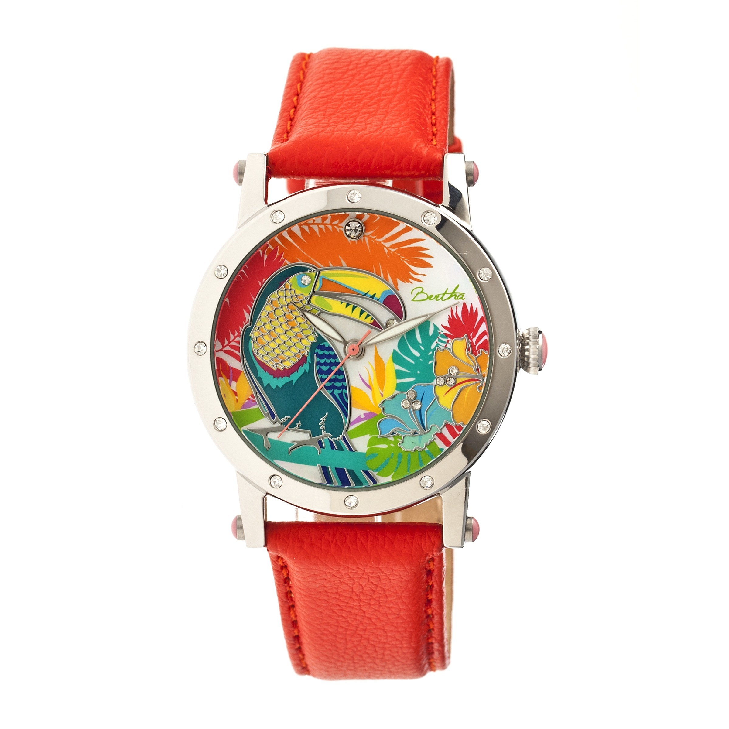 Bertha Gisele Toucan Mother of Pearl Steel Case Coral Leather Strap Ladies Watch BR4402