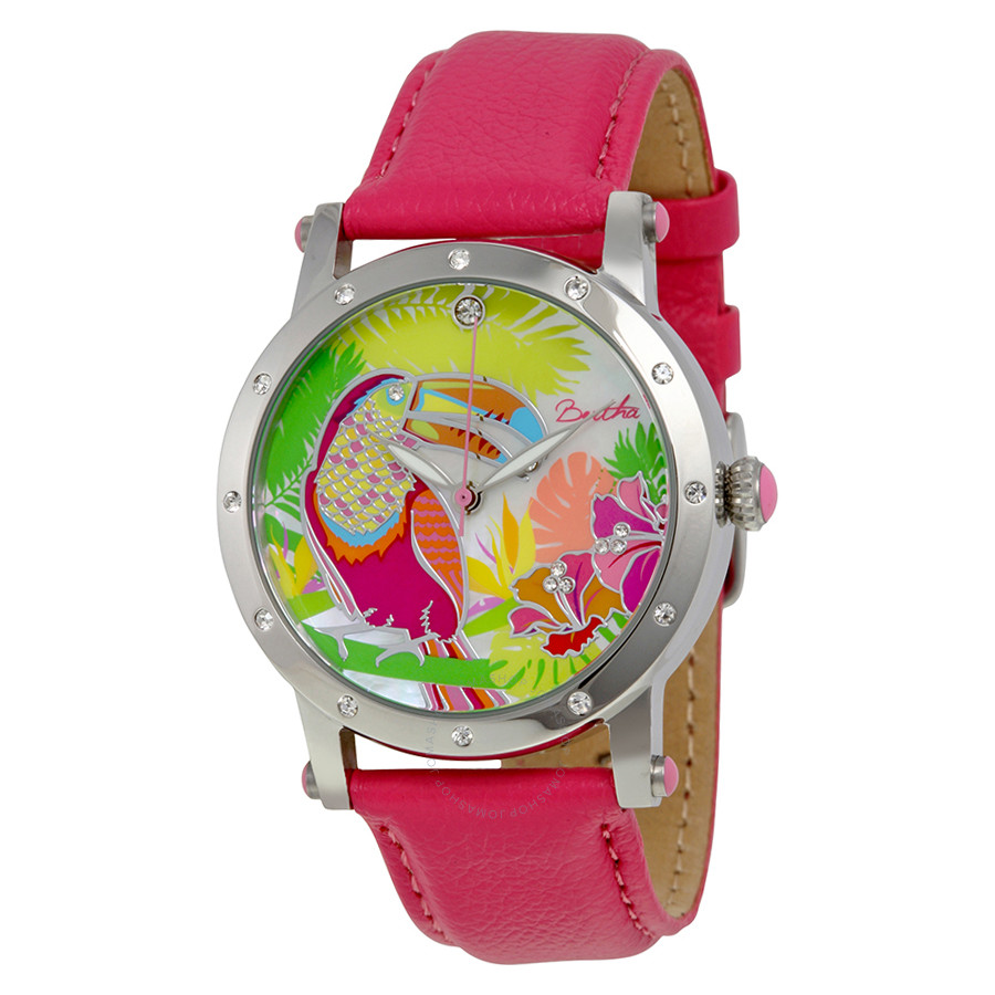 Bertha Gisele Toucan Mother of Pearl Steel Case Pink Leather Strap Ladies Watch BR4401