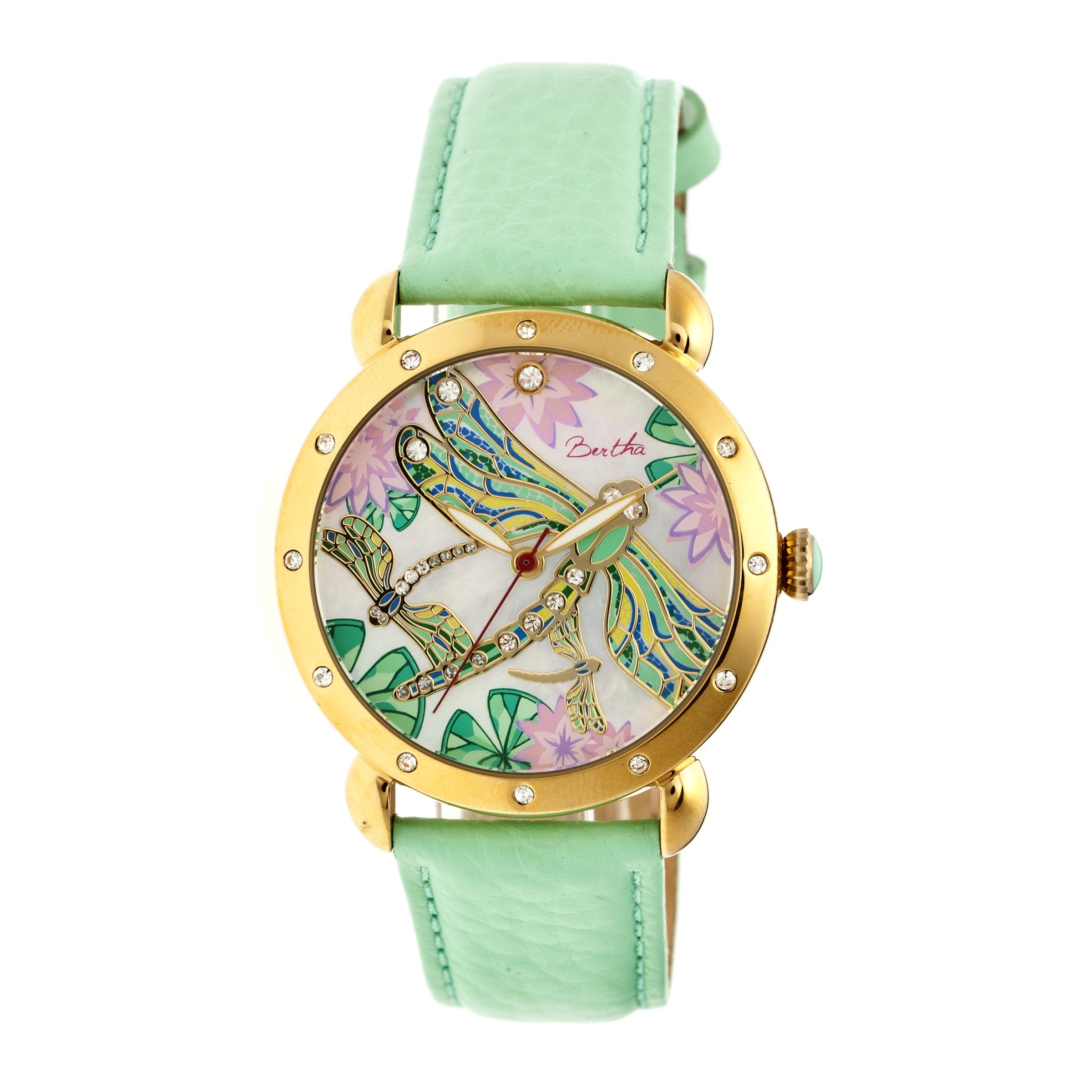 Bertha Jennifer Mother of Pearl Dragonfly Dial Mint Leather Ladies Watch BTHBR5003