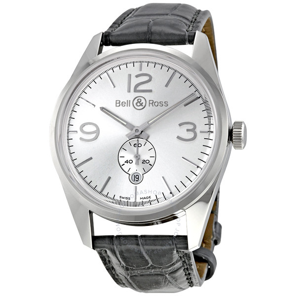 Bell and Ross Vintage Officer Silver Dial Grey Alligator Strap Automatic Men's Watch BR123-OFFICER-SIL BRG123-WH-ST/SCR