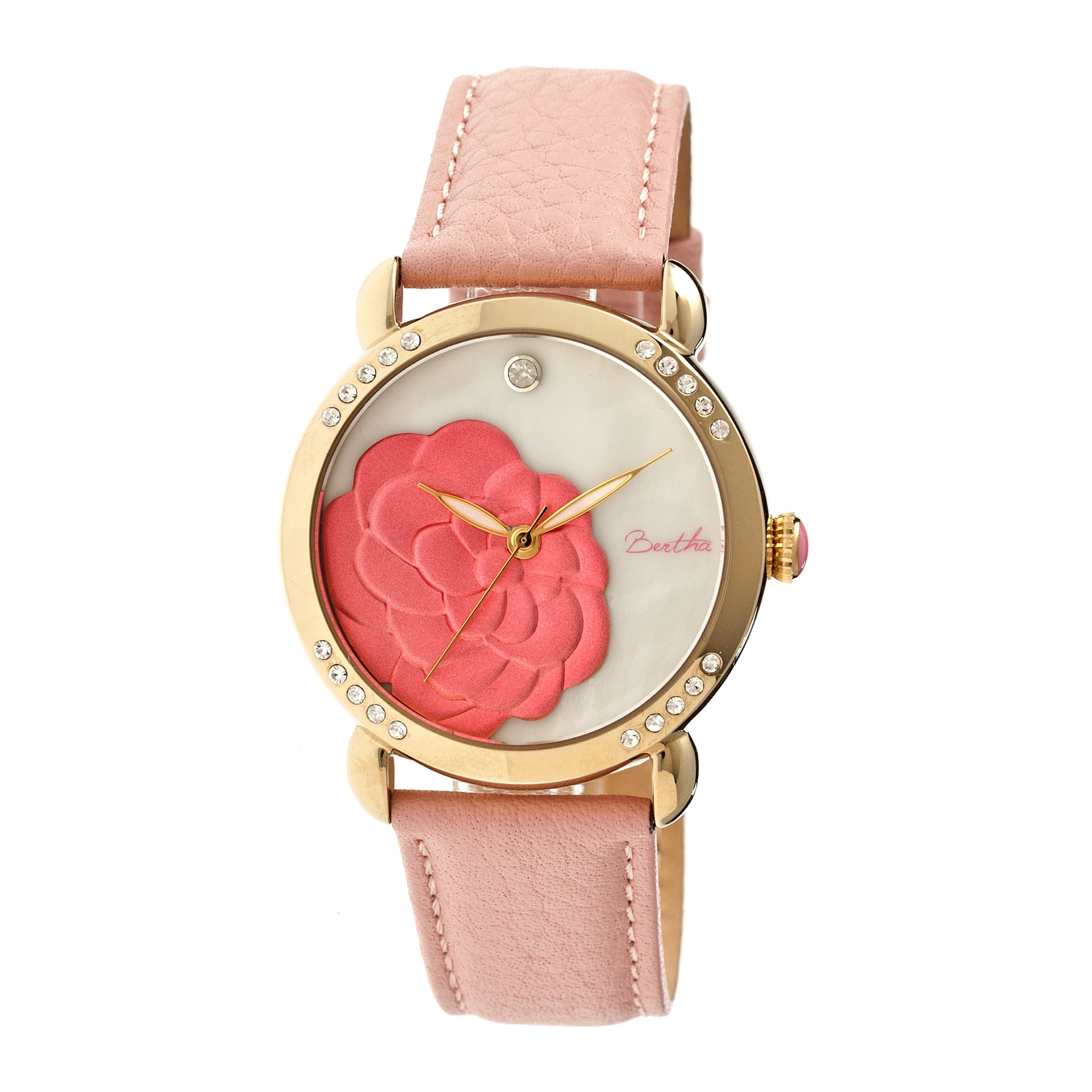 Bertha Daphne Flower Engraved Mother of Pearl Dial Gold-tone Steel Case Pink Leather Strap Ladies Watch BR4605