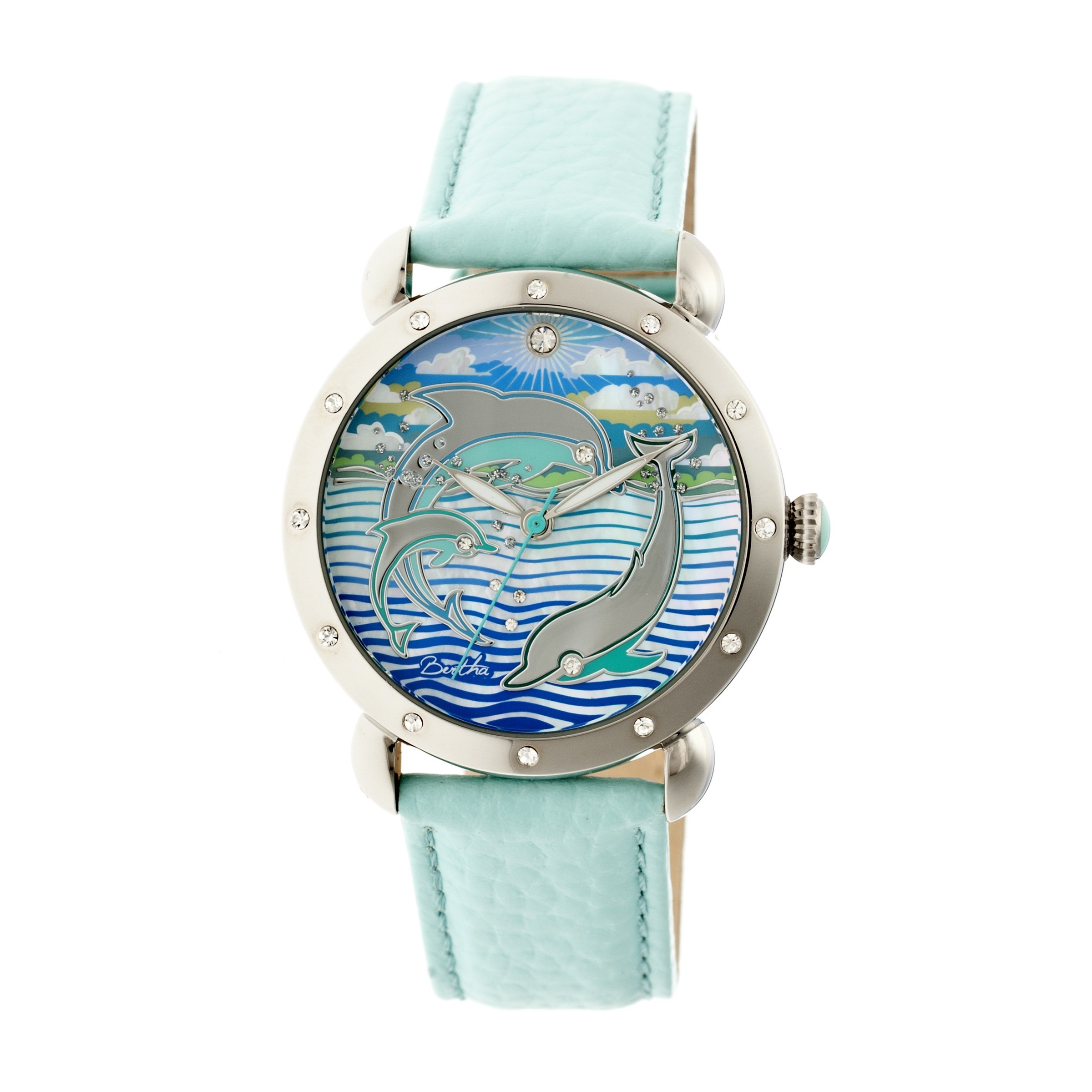 Bertha Estella Mother of Pearl Dolphin Dial Turquoise Leather Ladies Watch BTHBR5101