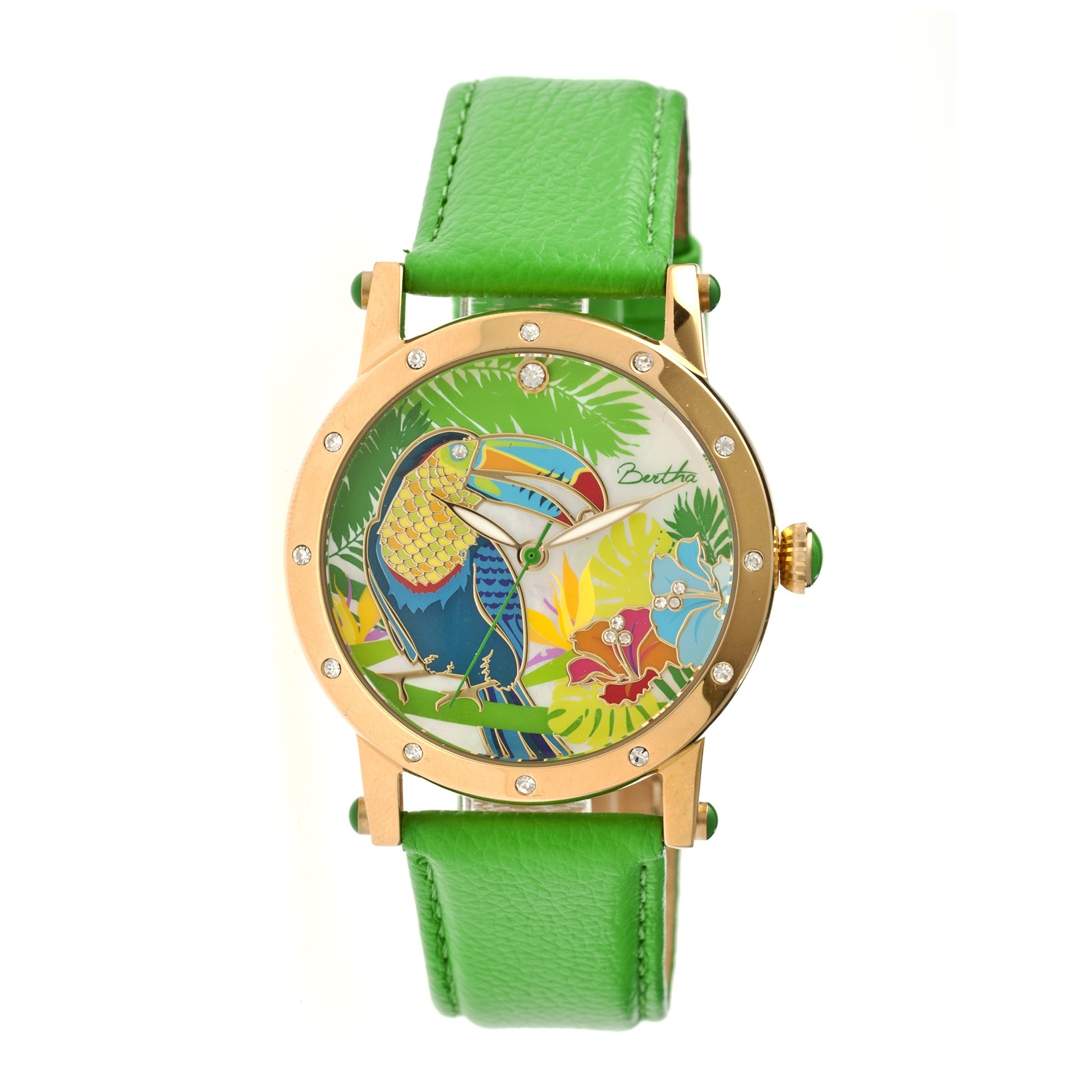 Bertha Gisele Toucan Mother of Pearl Steel Case Green Leather Strap Ladies Watch BR4403
