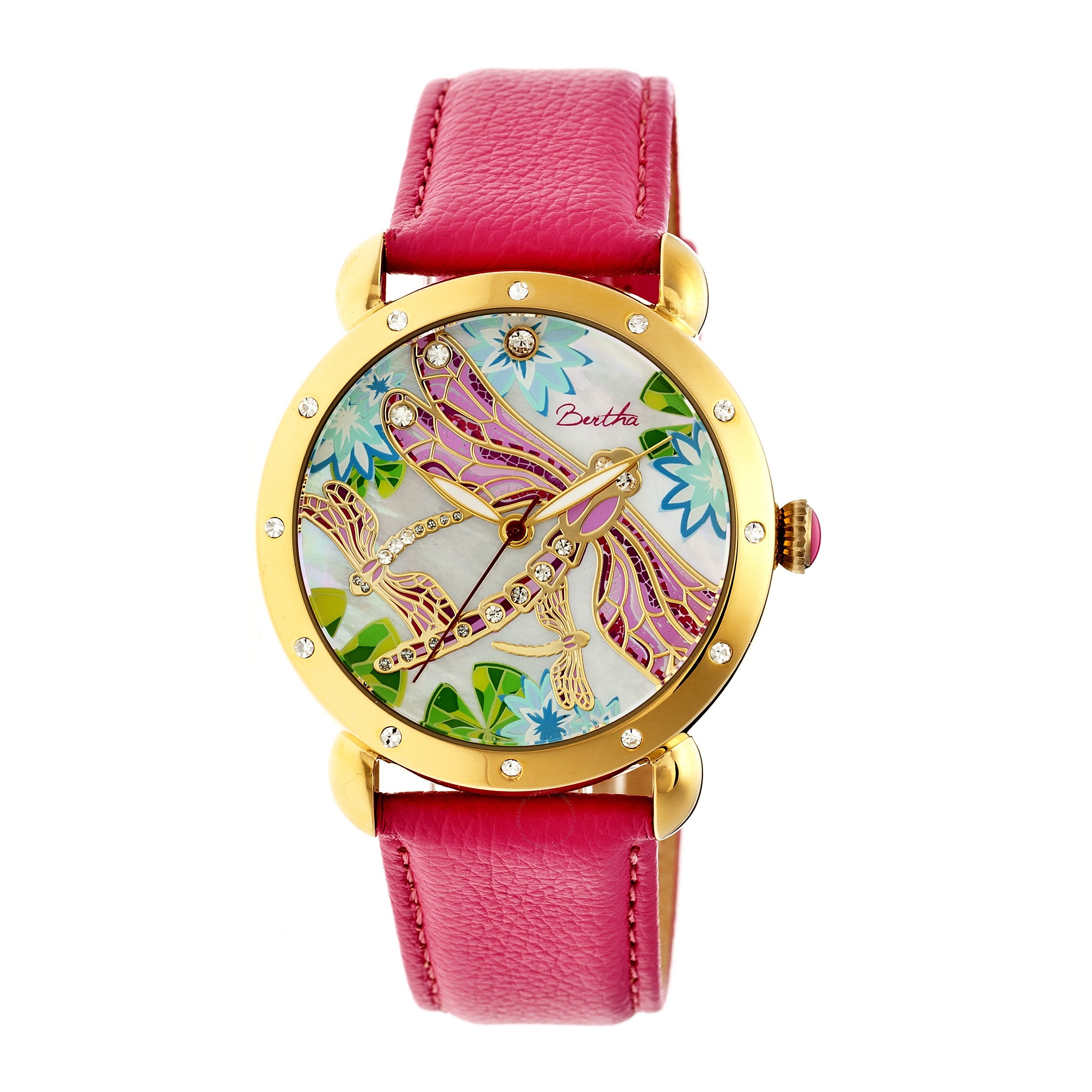 Bertha Jennifer Mother of Pearl Dragonfly Dial Hot Pink Leather Ladies Watch BTHBR5004