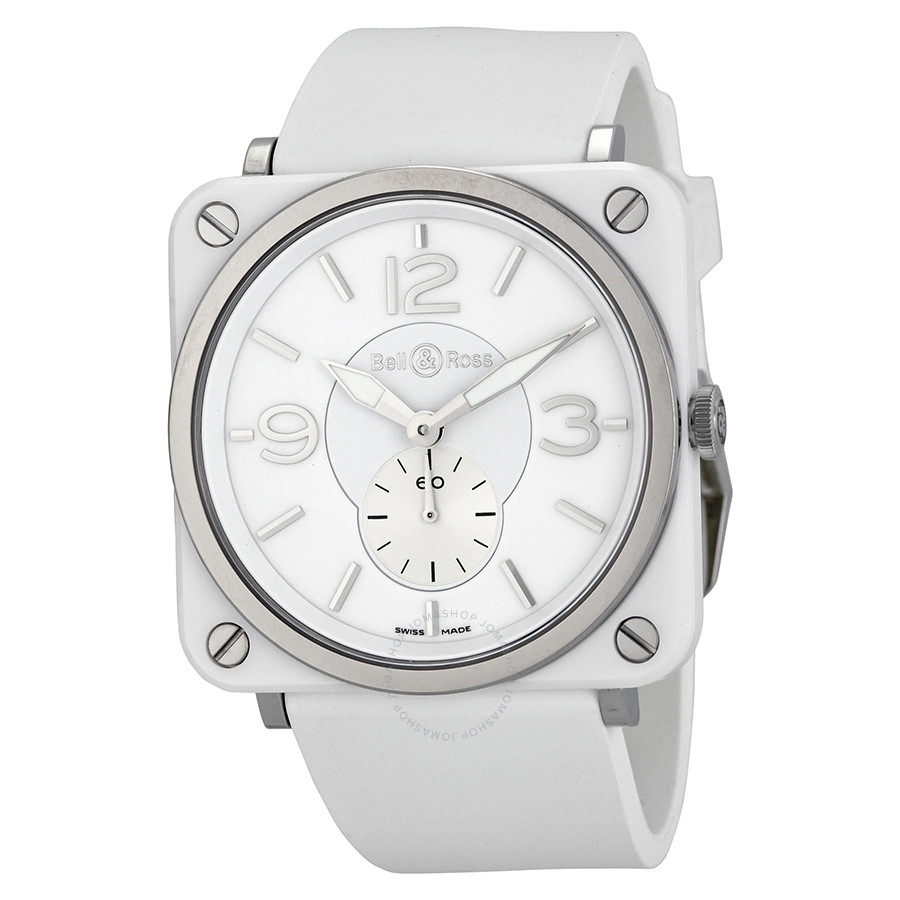 Bell and Ross Aviation White Dial Ceramic Unisex Watch BRS-WHT-CER-RUBB BRS-WH-CERAMIC/SRB