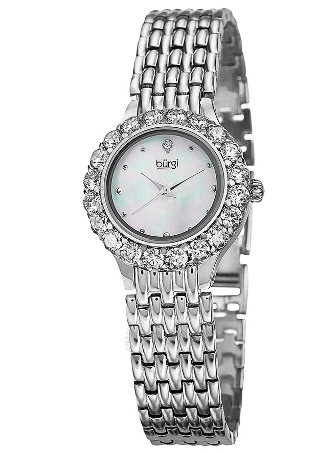 Burgi Silver-tone Brass Case Mother of Pearl Diamond Dial Ladies Watch BUR107SS