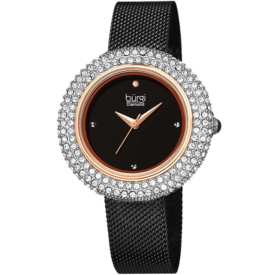 Burgi Ladies Argyle Dial Swarovski Crystal Glamor Mesh Bracelet Watch BUR220BKR