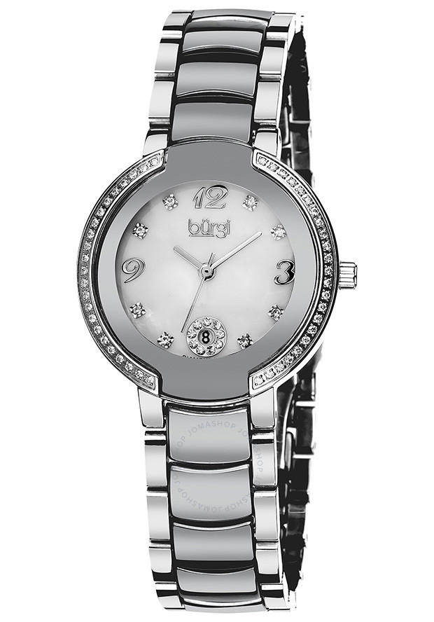 Burgi Mother of Pearl Dial Silver-tone Ceramic and Stainless Steel Ladies Watch BUR072SL