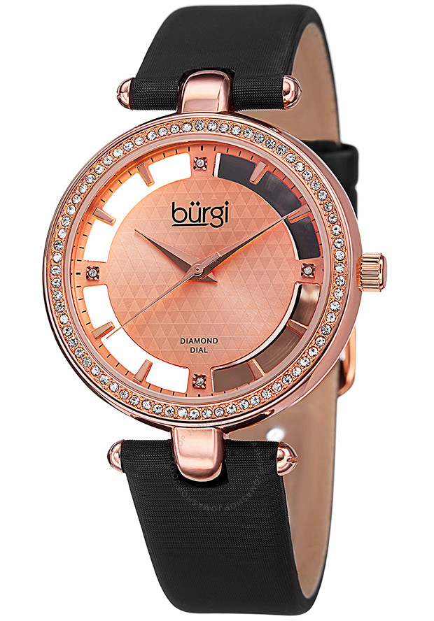Burgi Black Satin Strap Rose Gold-Tone Diamond Dial Ladies Watch BUR104RG