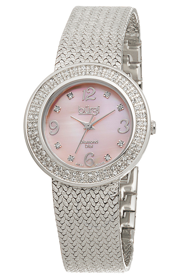 Burgi Silver-Tone Brass Pink Mother of Pearl Diamond Dial Ladies Watch BUR097SS