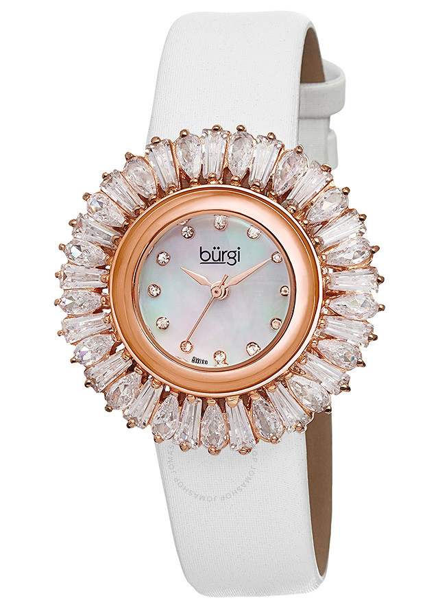 Burgi White Baguette Crystal Bezel Mother of Pearl Dial Ladies Watch BUR092WT