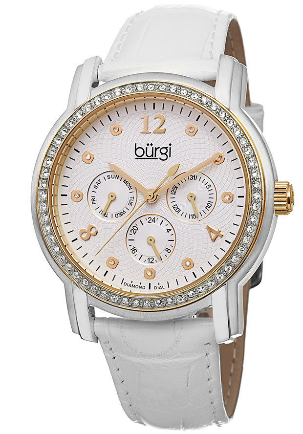 Burgi White Dial White Leather Strap Ladies Watch BUR083YGW