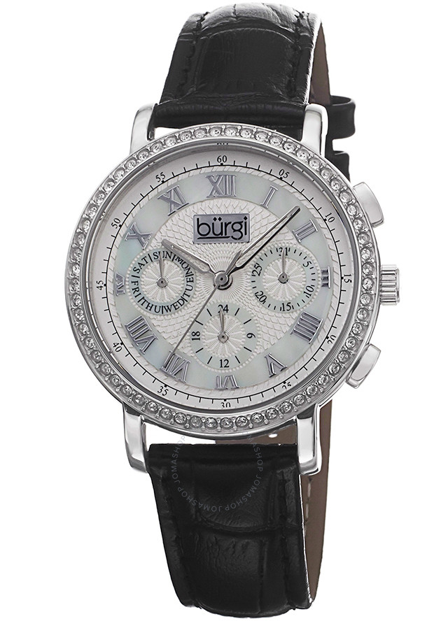 Burgi White Mother of Pearl Dial Black Leather Strap Ladies Watch BUR087BK