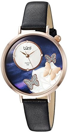 Burgi Mother Of Pearl Butterfly Dial Ladies Leather Watch BUR158BKR