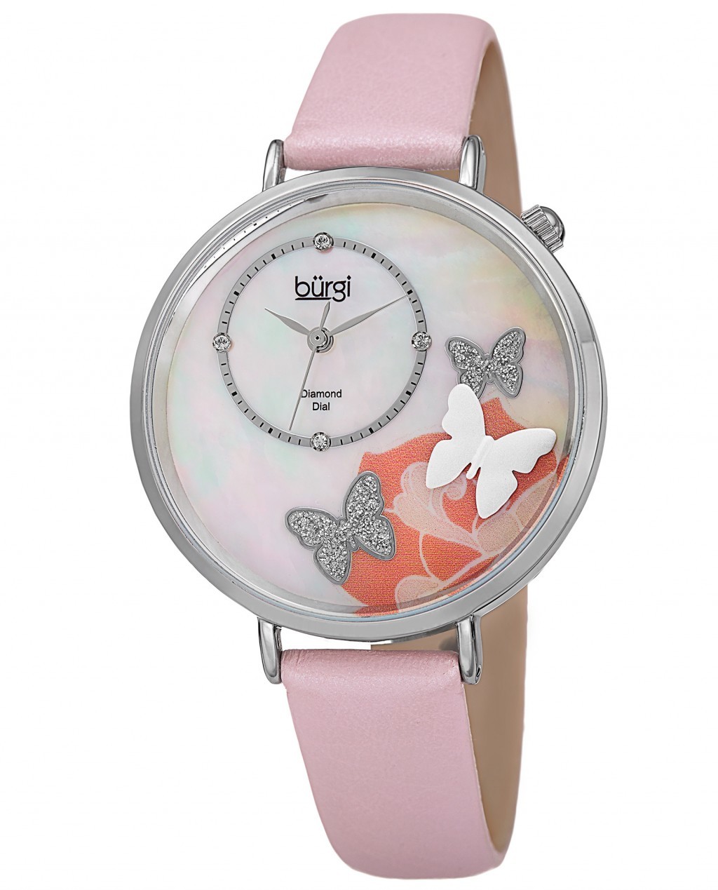 Burgi Mother Of Pearl Butterfly Dial Ladies Leather Watch BUR158PK