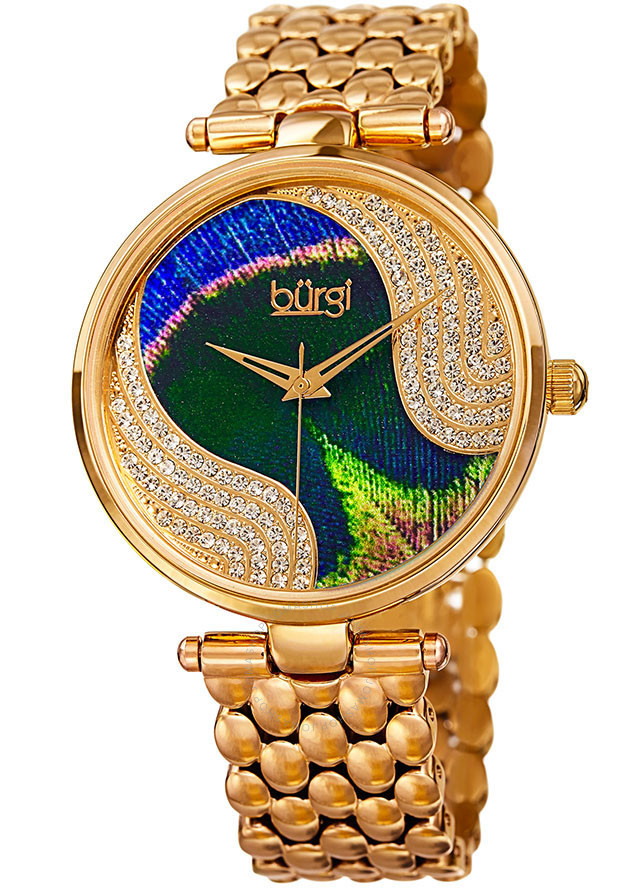 Burgi Peacock Feather Dial Ladies Gold Tone Crystal Watch BUR162YG