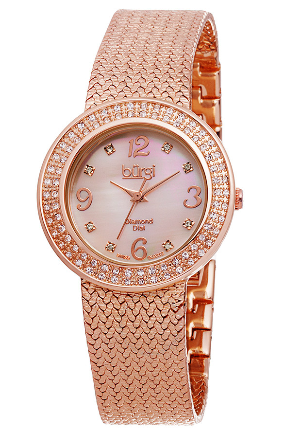 Burgi Pink Mother of Pearl Diamond Dial Rose Gold-tone Brass Ladies Watch BUR097RG