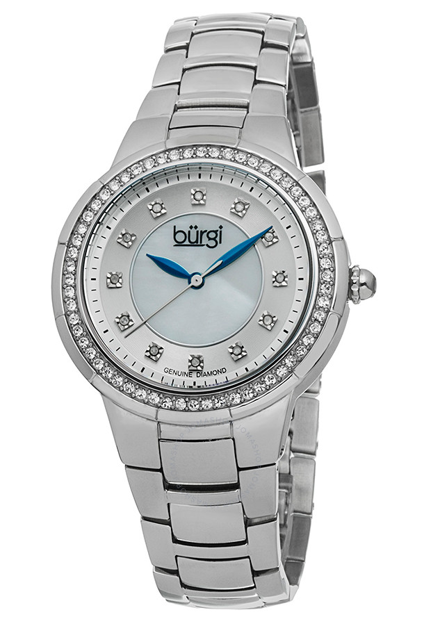 Burgi Silver-tone Steel Mother of Pearl Diamond Dial Ladies Watch BUR093SS