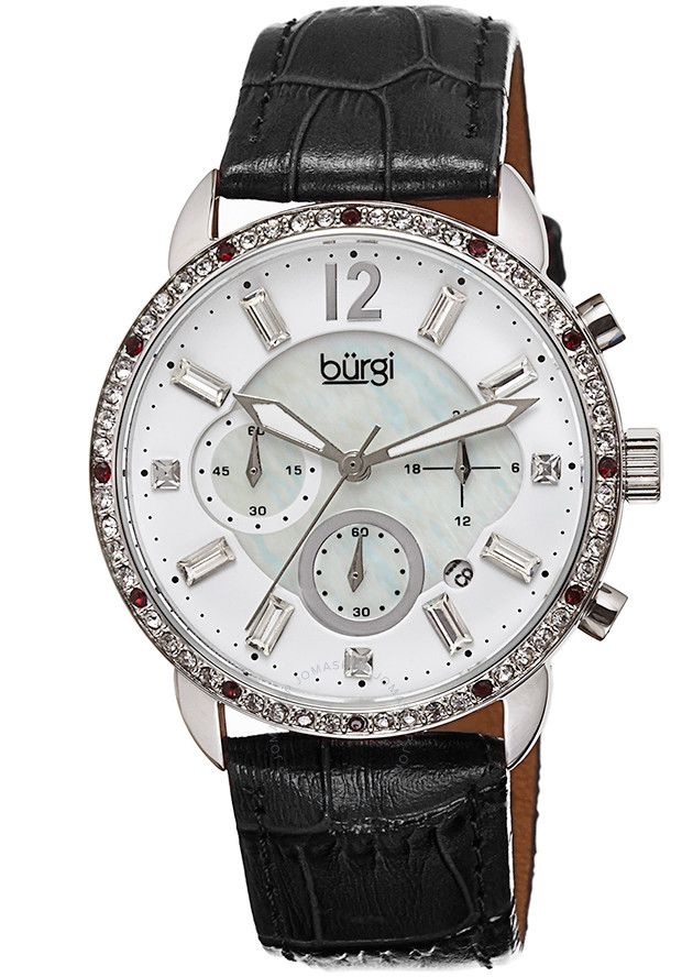 Burgi Crystal Chronograph Black Leather Mother of Pearl Dial Ladies Watch BUR089BK