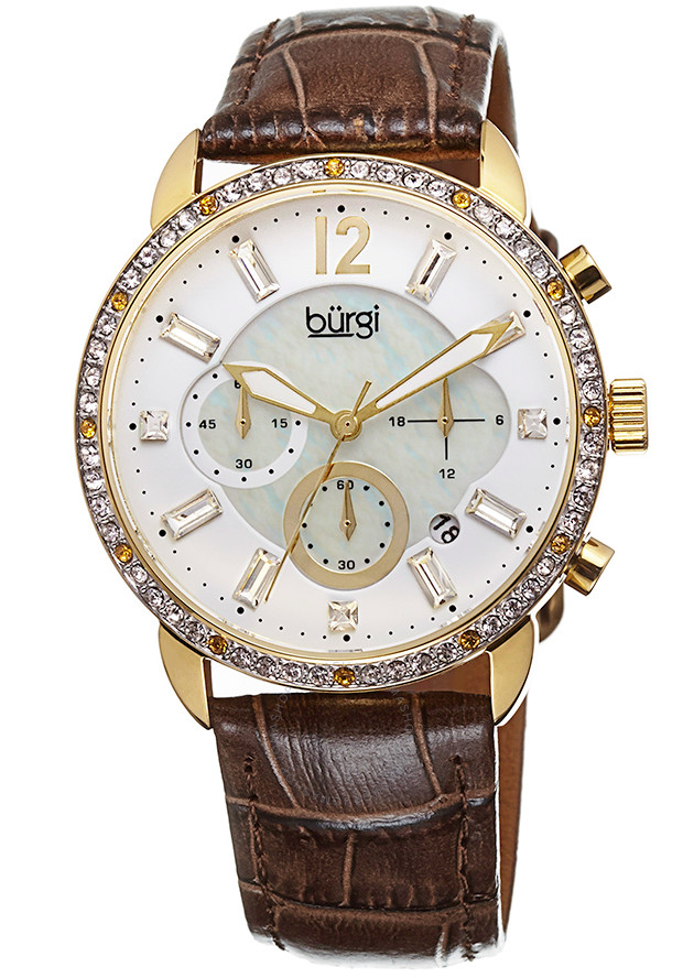 Burgi Crystal Chronograph Brown Leather Mother of Pearl Dial Ladies Watch BUR089BR