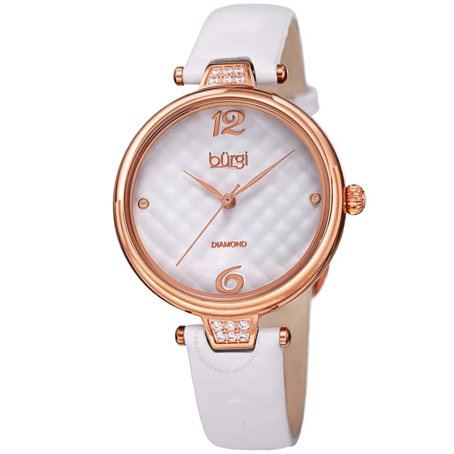 Burgi Ladies Engraved Argyle Diamond Dial Genuine Leather Strap Watch BUR222WT