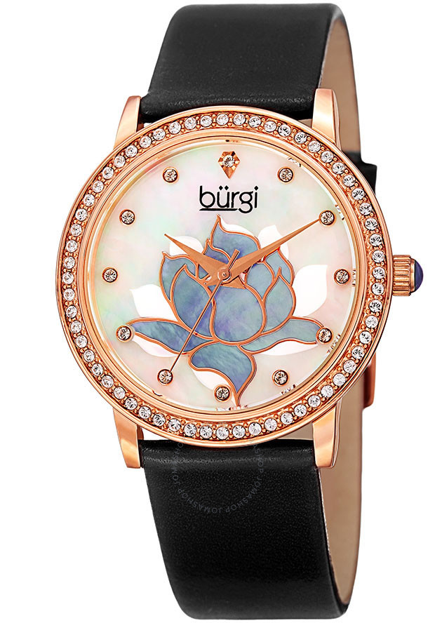 Burgi Mother Of Pearl Dial Ladies Black Leather Watch BUR159BKR