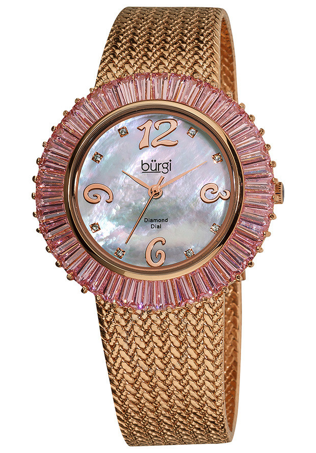 Burgi Mother Of Pearl Dial Rose-Tone Brass Mesh Ladies Watch BUR076PK