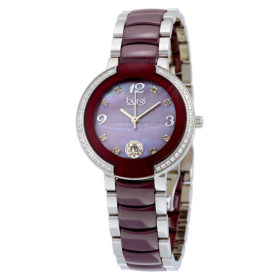 Burgi Mother of Pearl Dial Stainless Steel and Burgundy Ceramic Ladies Watch BUR072BR