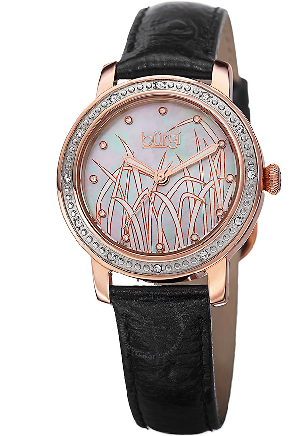 Burgi Mother of Pearl Pattern Dial Black Leather Ladies Watch BUR096RG