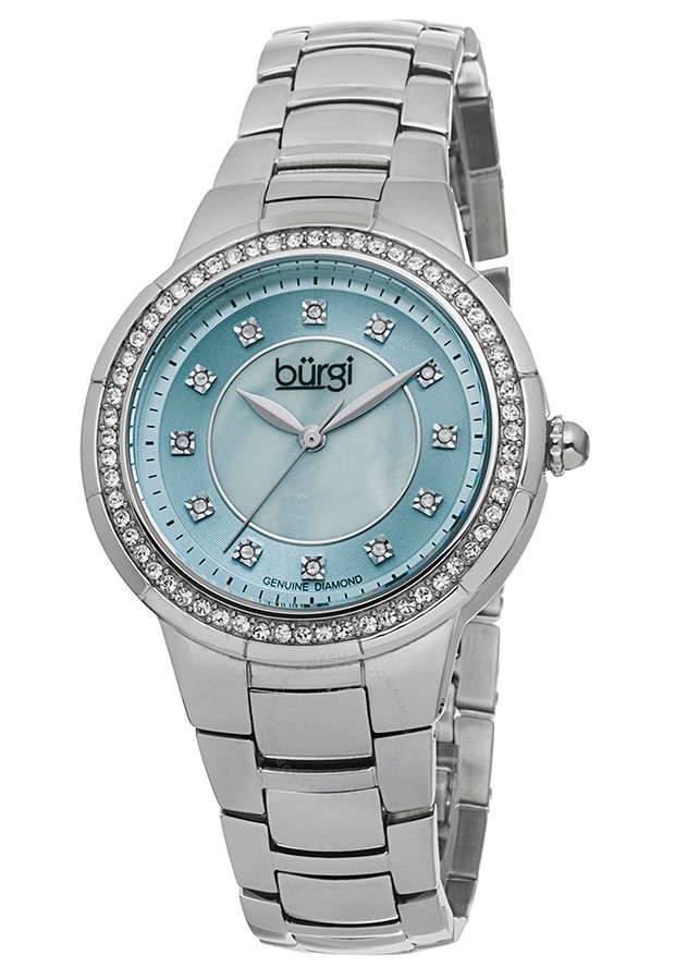 Burgi Silver-tone Steel Blue Mother of Pearl Diamond Dial Ladies Watch BUR093BU