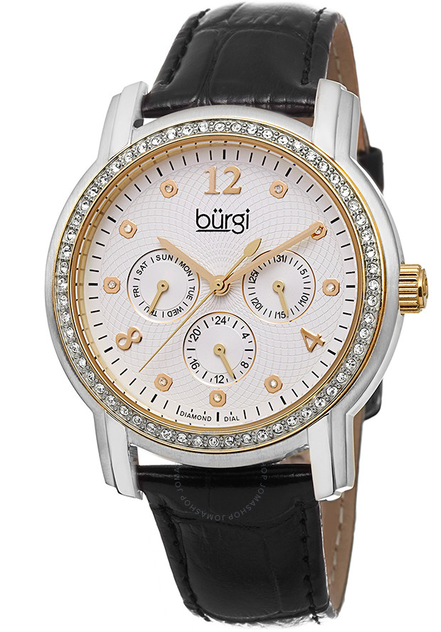 Burgi White Dial Black Leather Strap Ladies Watch BUR083YGB