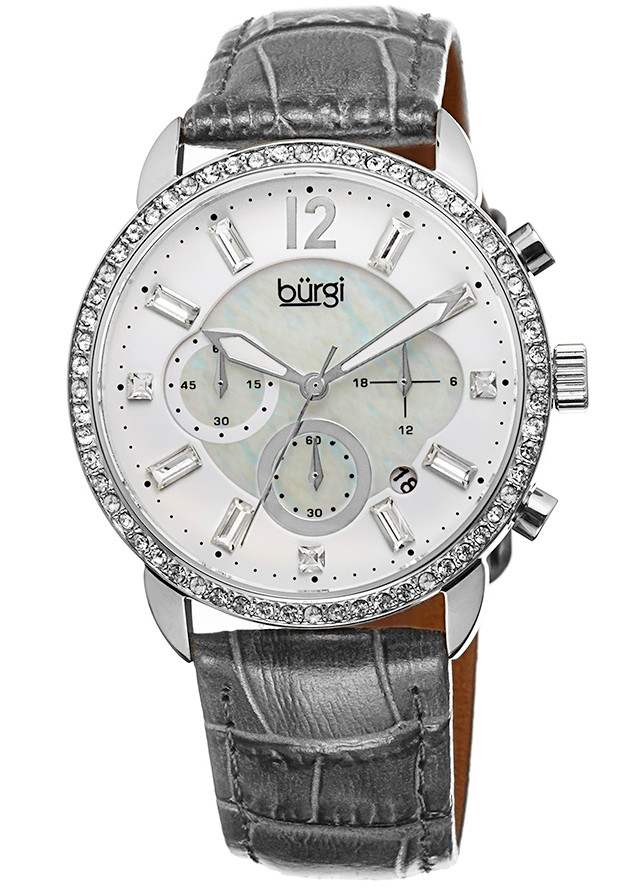 Burgi Crystal Chronograph Grey Leather Mother of Pearl Dial Ladies Watch BUR089GY