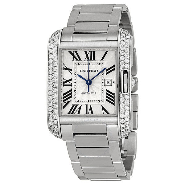 Cartier Tank Anglaise Silver Dial 18kt White Gold Diamond Ladies Watch WT100009