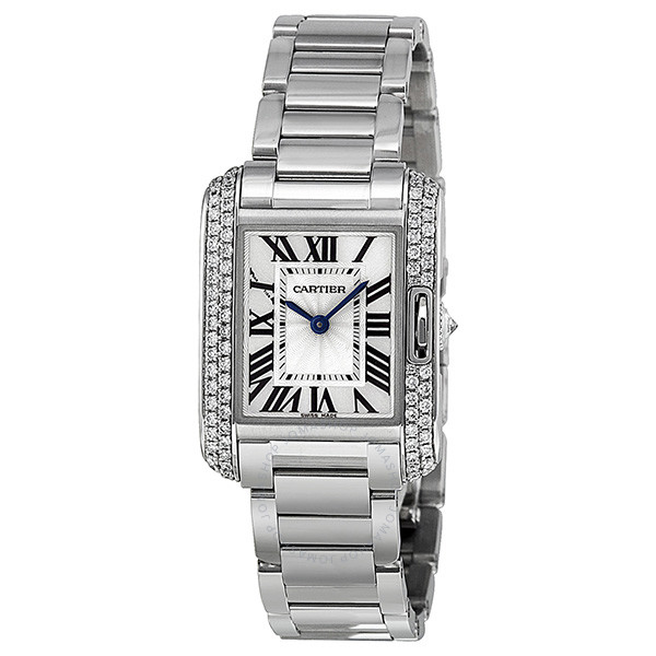 Cartier Tank Anglaise Silver Dial Lacquered Flinque Dial 18kt Rhodiumised White Gold Ladies Watch WT100008