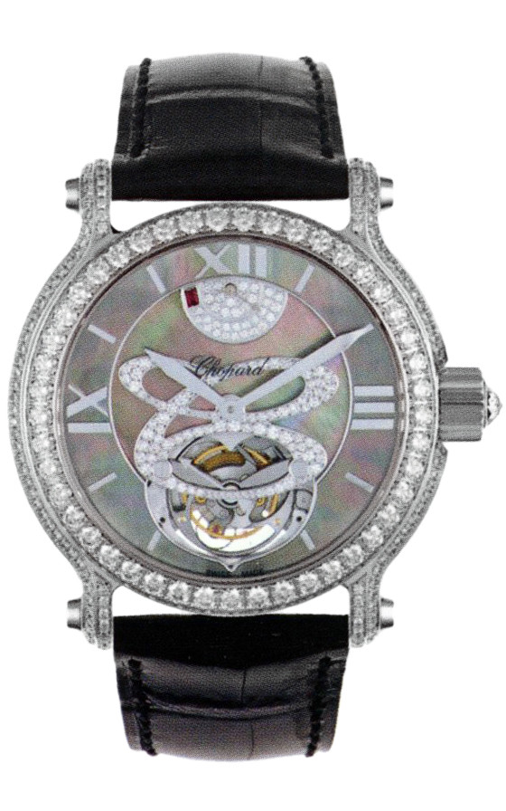 Chopard Classic Black Mother of Pearl Dial 18kt White Gold Diamond Black Leather Tourbillon Ladies Watch 134188-1007