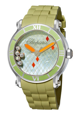 Chopard Happy Sport Green Mother Of Pearl Green Rubber Floating Diamonds Ladies Watch 288524-3003