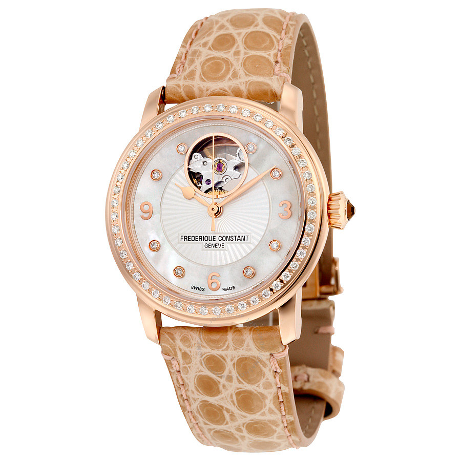 Frederique Constant Heart Beat Mother of Pearl Diamond Dial Beige Leather Ladies Watch FC-310HBAD2PD4
