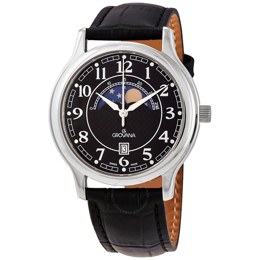 Grovana Black Dial Moonphase Black Leather Men's Watch 1026-1537 1026.1537