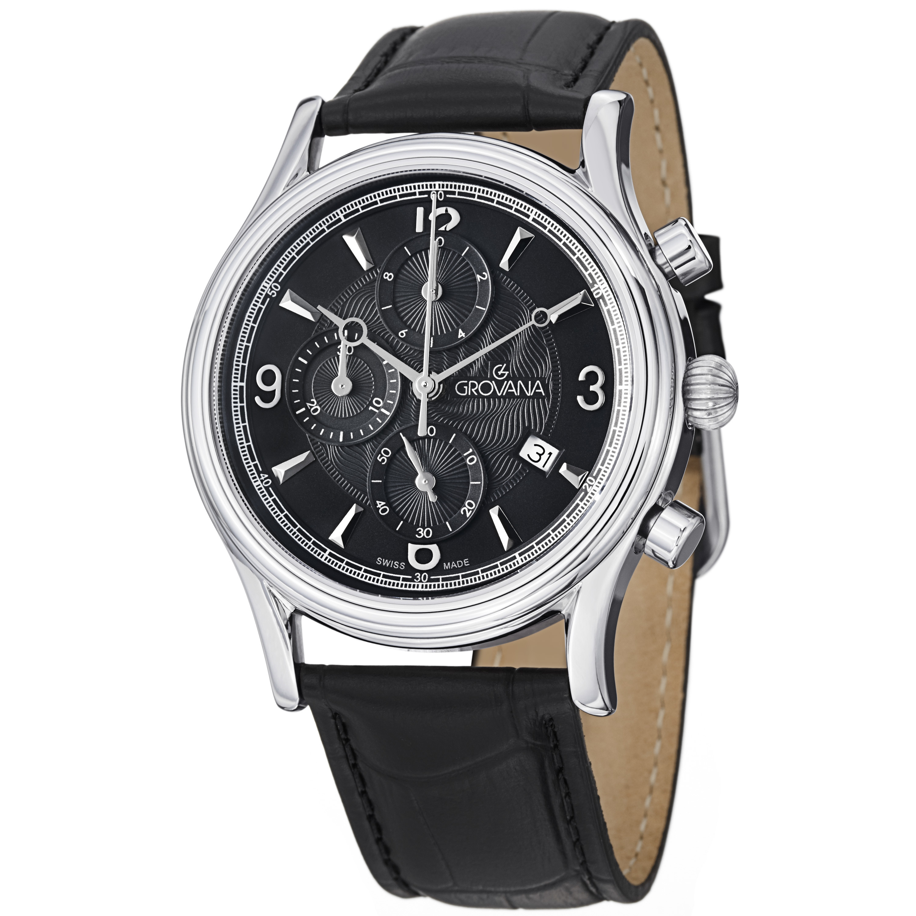 Grovana Chronograph Black Dial Black Leather Strap Men's Watch 1728.9537